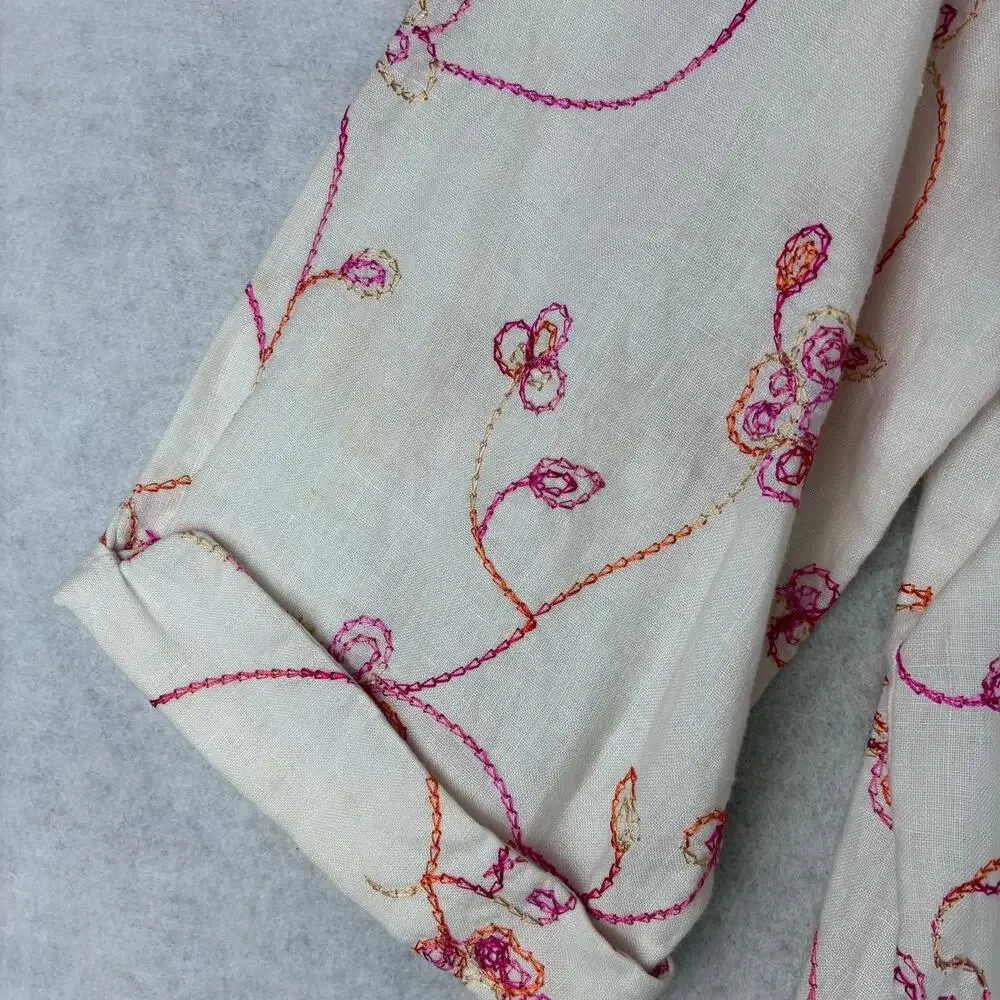 Sarah Spencer 100% Linen 3/4 Sleeve Button Up Blouse Women 2X Floral Whimsy READ